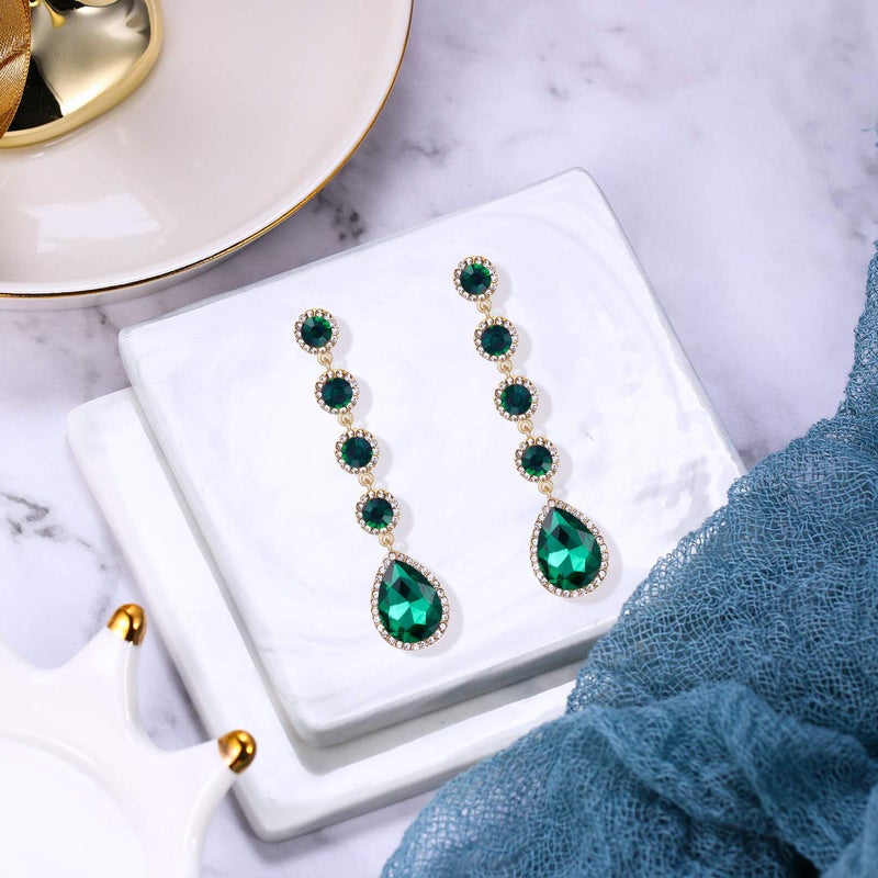 BriLove Wedding Bridal Dangle Jewelrys for Women Elegant Crystal Teardrop Chandelier Earring for Party Prom Accessories Emerald Color - Image 5